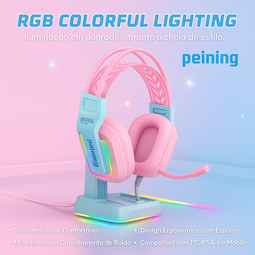 Headset Gamer RGB Com Microfone Flexível Rosa