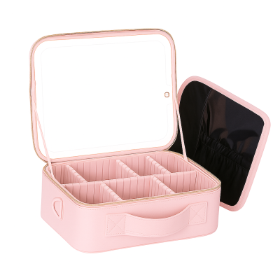 Maleta de Maquiagem Profissional com Espelho LED Rosa